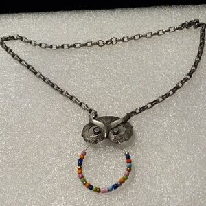 Silver Owl Pendant Necklace with Multicolor Beads